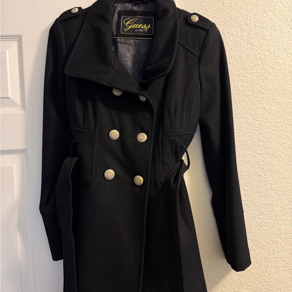 GUESS Black Double-Breasted Pea Coat with Gold Buttons